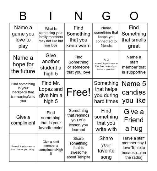 Scavenger Hunt Bingo Card