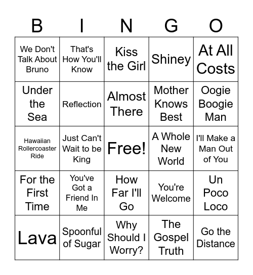 Disney Song Bingo #3 Bingo Card
