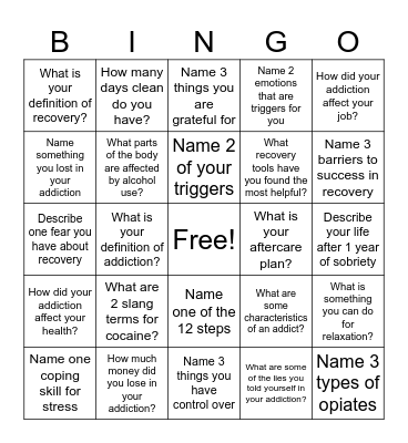 Recovery Bingo! Bingo Card
