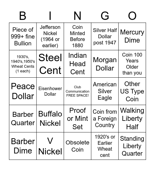 Lynchburg Coin Club Bingo Card