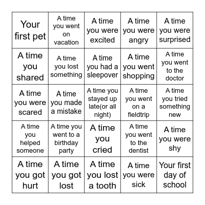 Personal Narrative Writing Prompts Bingo Card