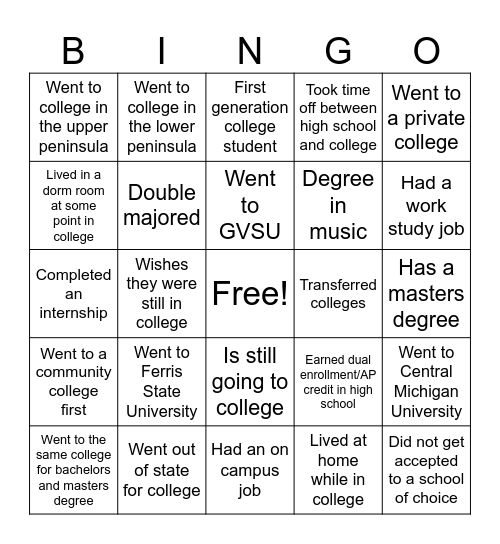 Tri County College Month Bingo Card