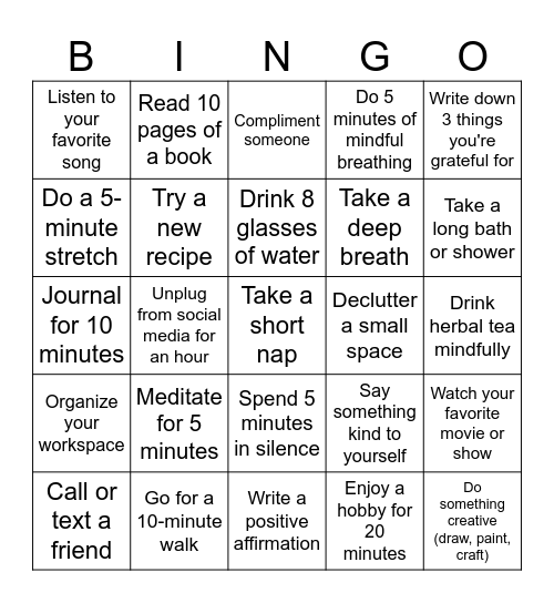 Self-Care Bingo Card