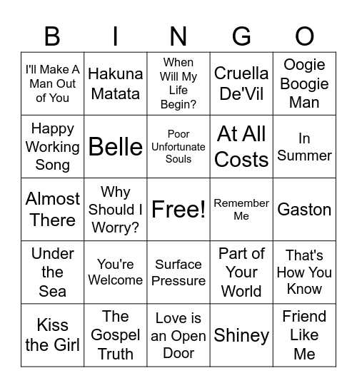 Disney Song Bingo #6 Bingo Card
