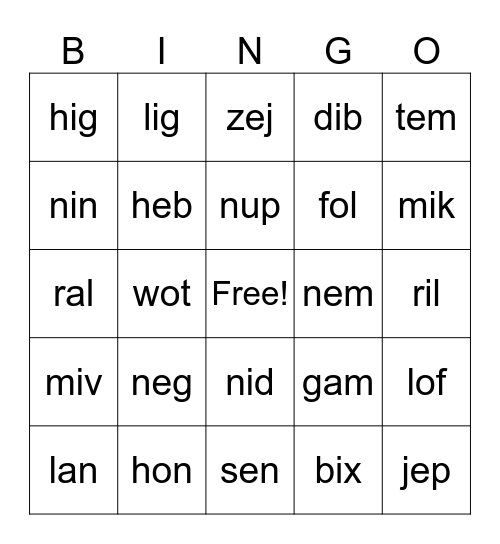 Nonsense Words Bingo Card