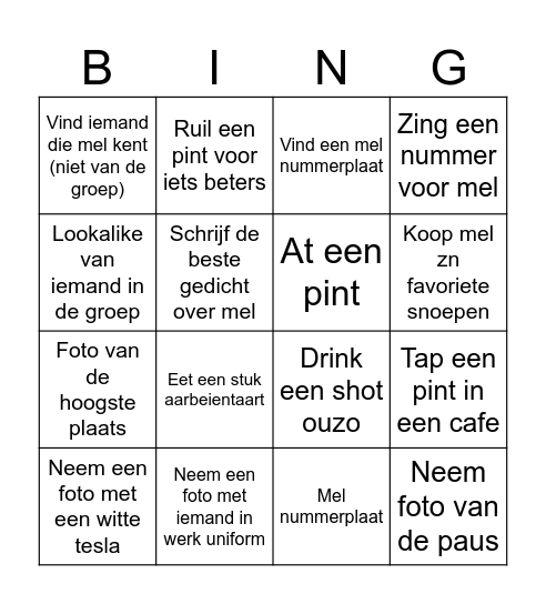 Mel vrijgezellen Bingo Card