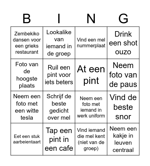 Mel vrijgezellen Bingo Card