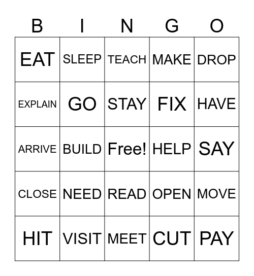 ACTION VERBS Bingo Card