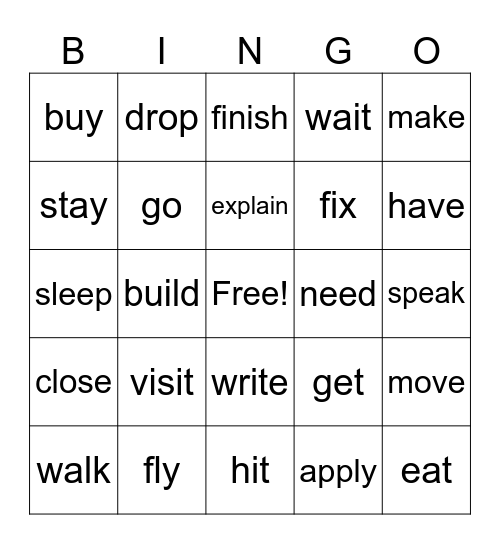 Verbs Bingo Card