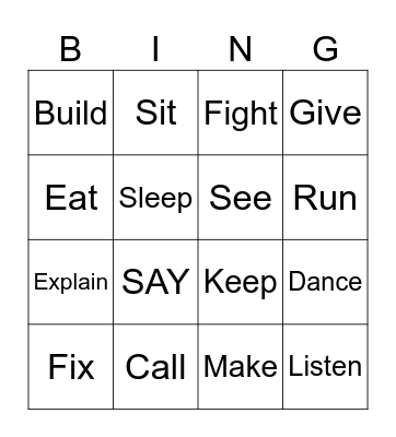 Action verbs Bingo Card