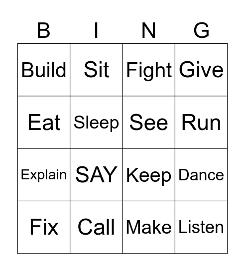 Action verbs Bingo Card