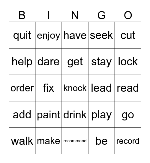 Verbs Bingo Card