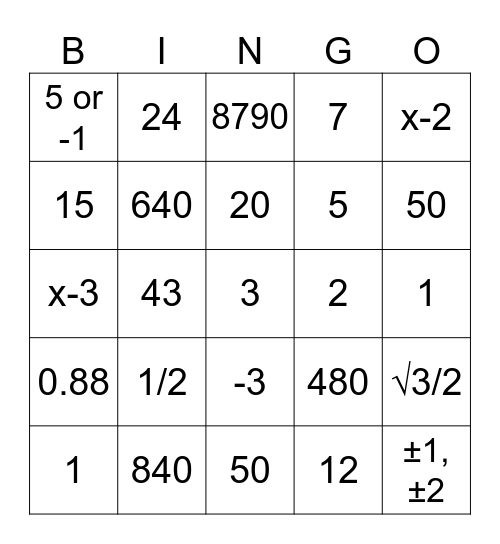 MATHLYMPIC Bingo Card