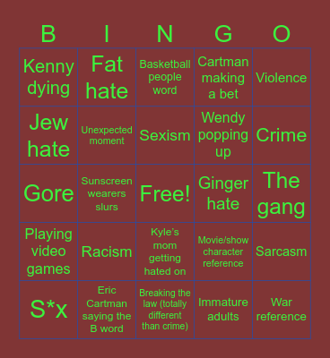 South Park bingo Card