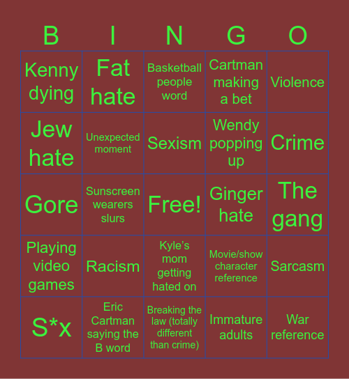 South Park bingo Card