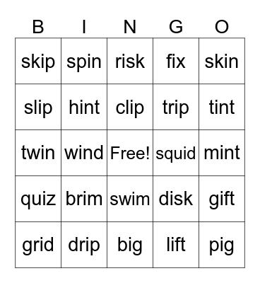 Lesson 36b: Short i Advanced Bingo Card