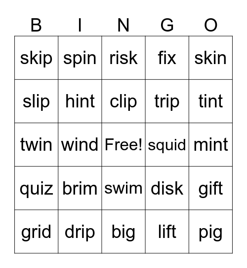 Lesson 36b: Short i Advanced Bingo Card