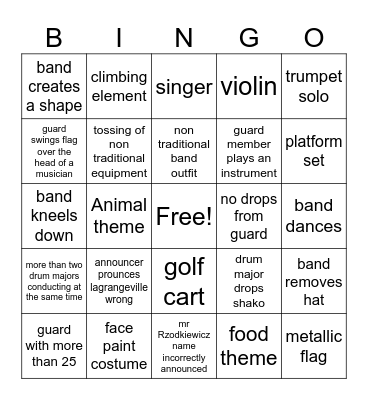 ACSD Marching Band Bingo Card