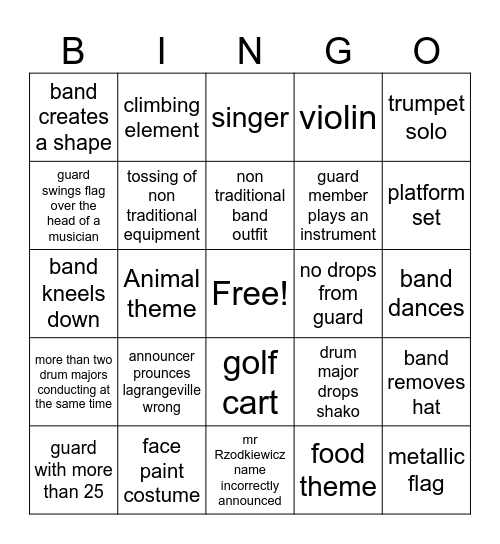 ACSD Marching Band Bingo Card