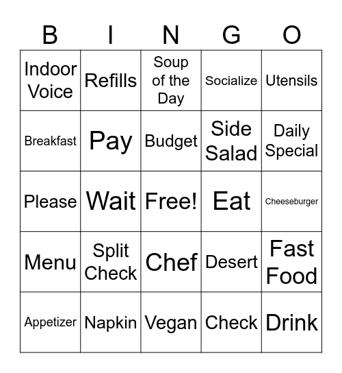 Restaurant Bingo Card