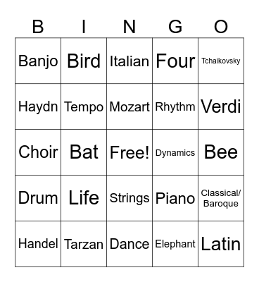 NV/TC Musical Bingo Card