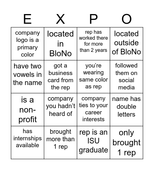 Career Expo Bingo Card