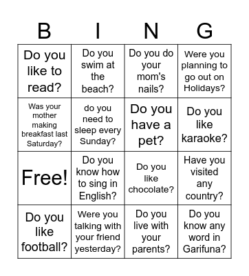Simple Present Tense Bingo Card