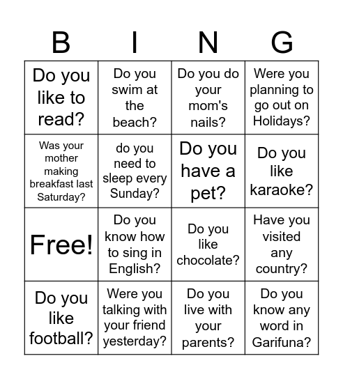 Simple Present Tense Bingo Card