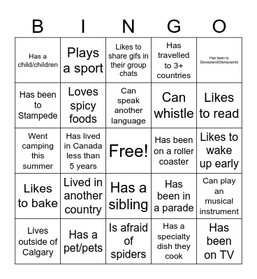 Get to know you bingo Card