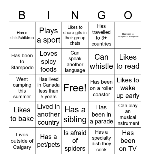 Get to know you bingo Card