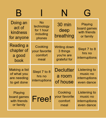 No No Stress November Bingo Card