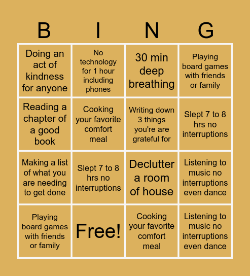 No No Stress November Bingo Card