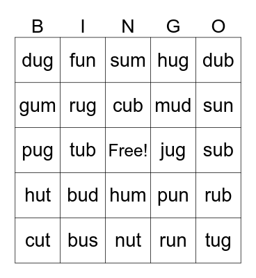 Lesson 39a: Short u Review Bingo Card