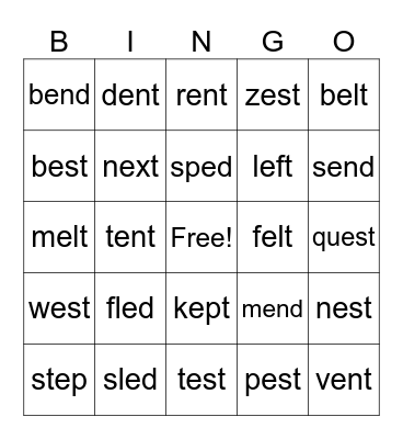 Lesson 40b: Short e Advanced Bingo Card