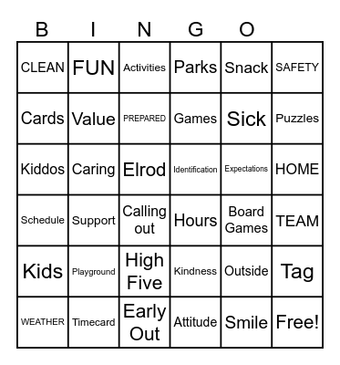 Kalispell KIDS Bingo Card