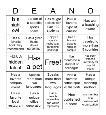 DEANO Bingo Card