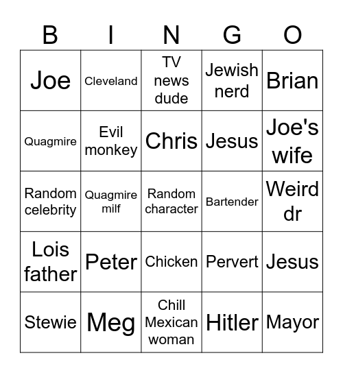 Family guy Bingo Card