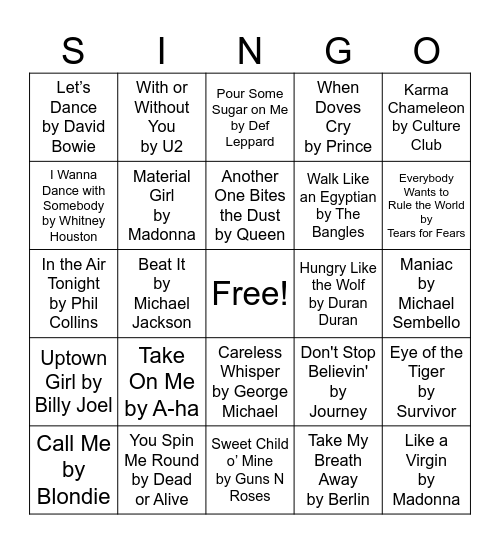 80's Hits Bingo Card