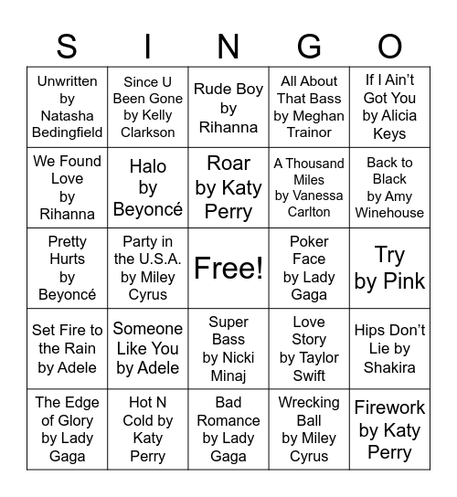 Women of Y2K Bingo Card