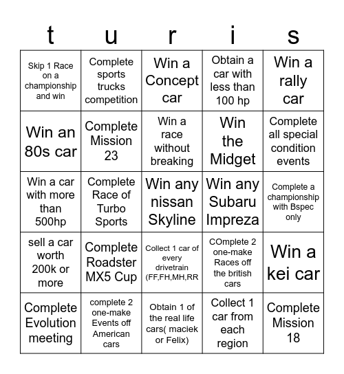 Gran turismo 4 Bingo Card