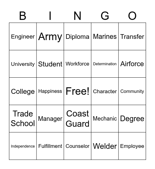 Career and College Bingo Card