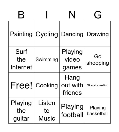 Hobbies Bingo Card