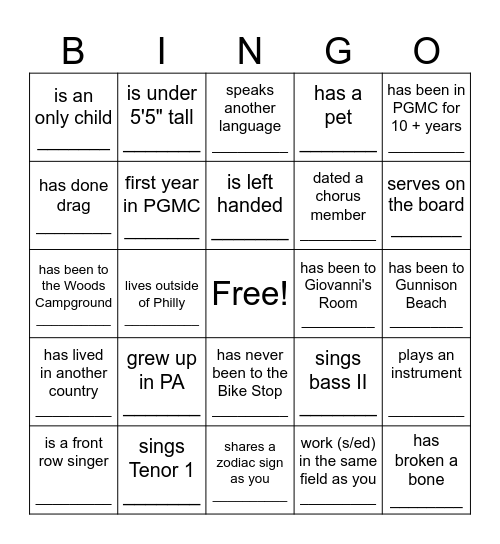 Getting to Know You Bingo - PGMC STYLE Bingo Card