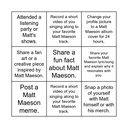 Matt Maeson Bingo! Bingo Card