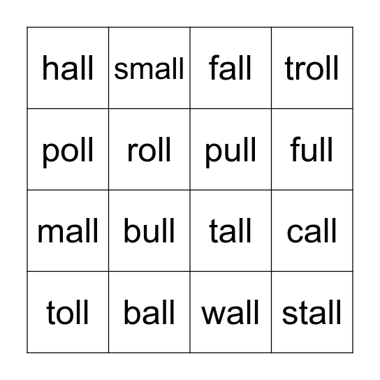 Lesson 43: -all, -oll, -ull Bingo Card