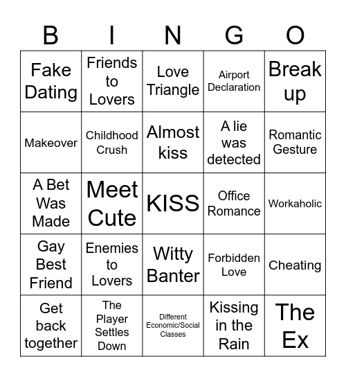 Romance Movie Bingo Card