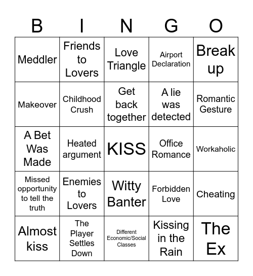 Romance Movie Bingo Card