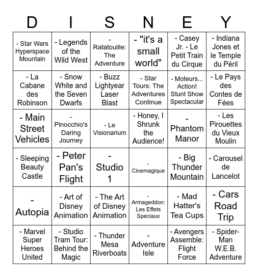 Disneyland Paris Bingo Card