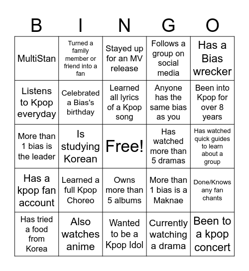 Kpop Bingo Card