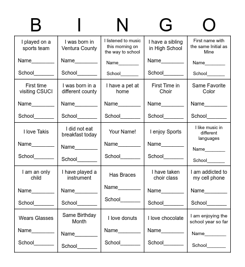 CHORAL BINGO! Bingo Card